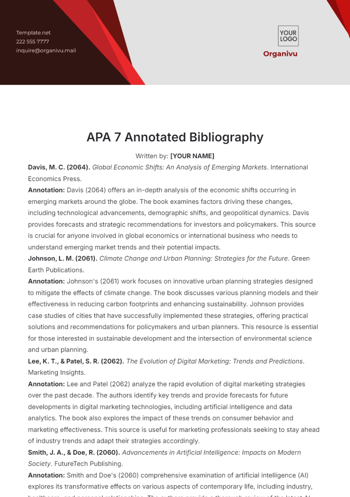 APA 7 Annotated Bibliography Template - Edit Online & Download