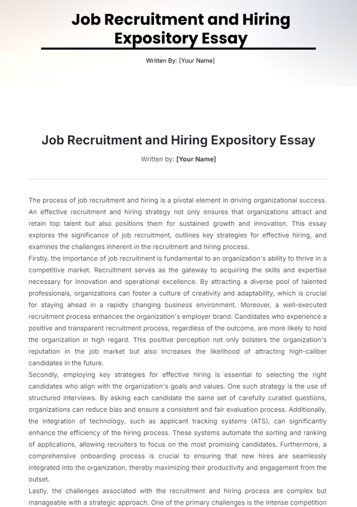 Job Recruitment and Hiring Expository Essay Template - Edit Online & Download