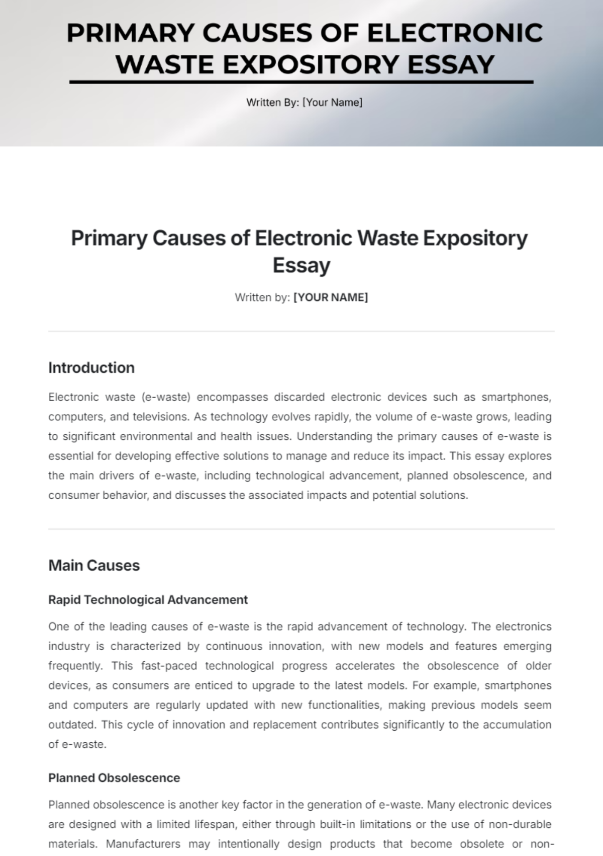 Primary Causes of Electronic Waste Expository Essay Template - Edit Online & Download