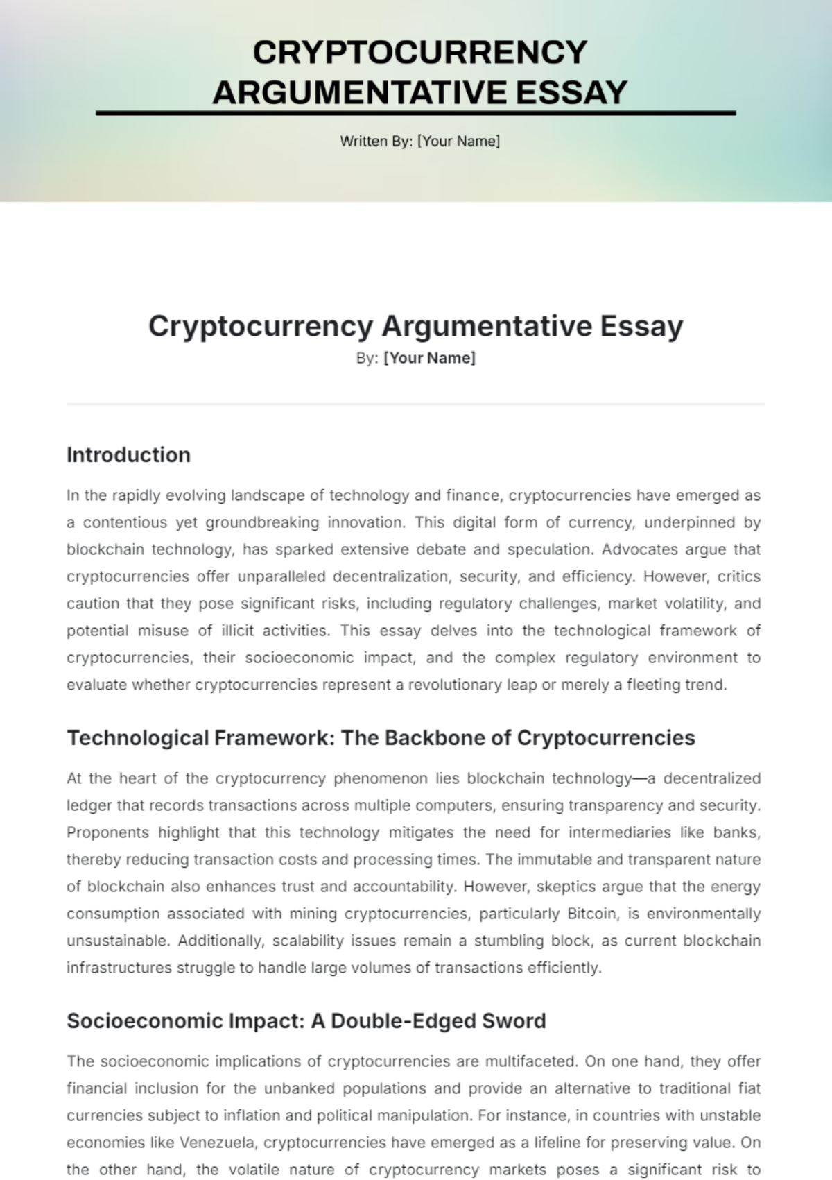 Cryptocurrency Argumentative Essay Template