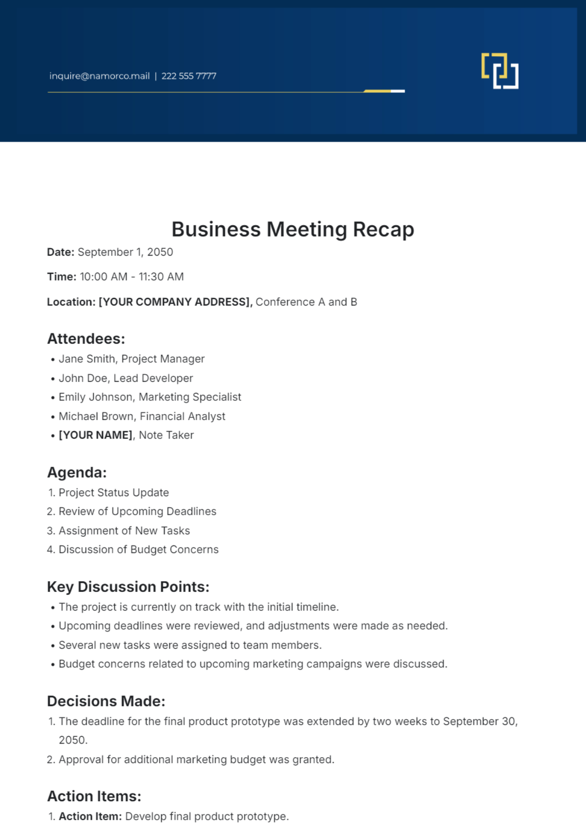 Business Meeting Recap Template - Edit Online & Download