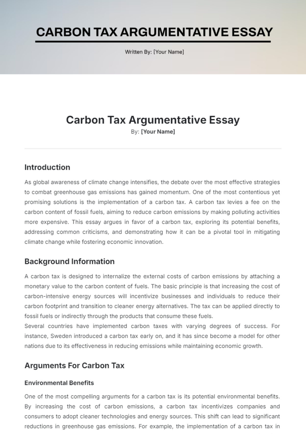 Carbon Tax Argumentative Essay Template