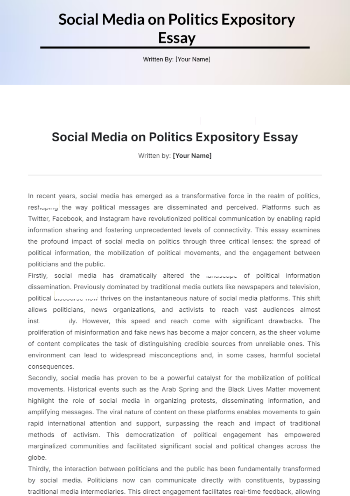 Social Media on Politics Expository Essay Template - Edit Online & Download