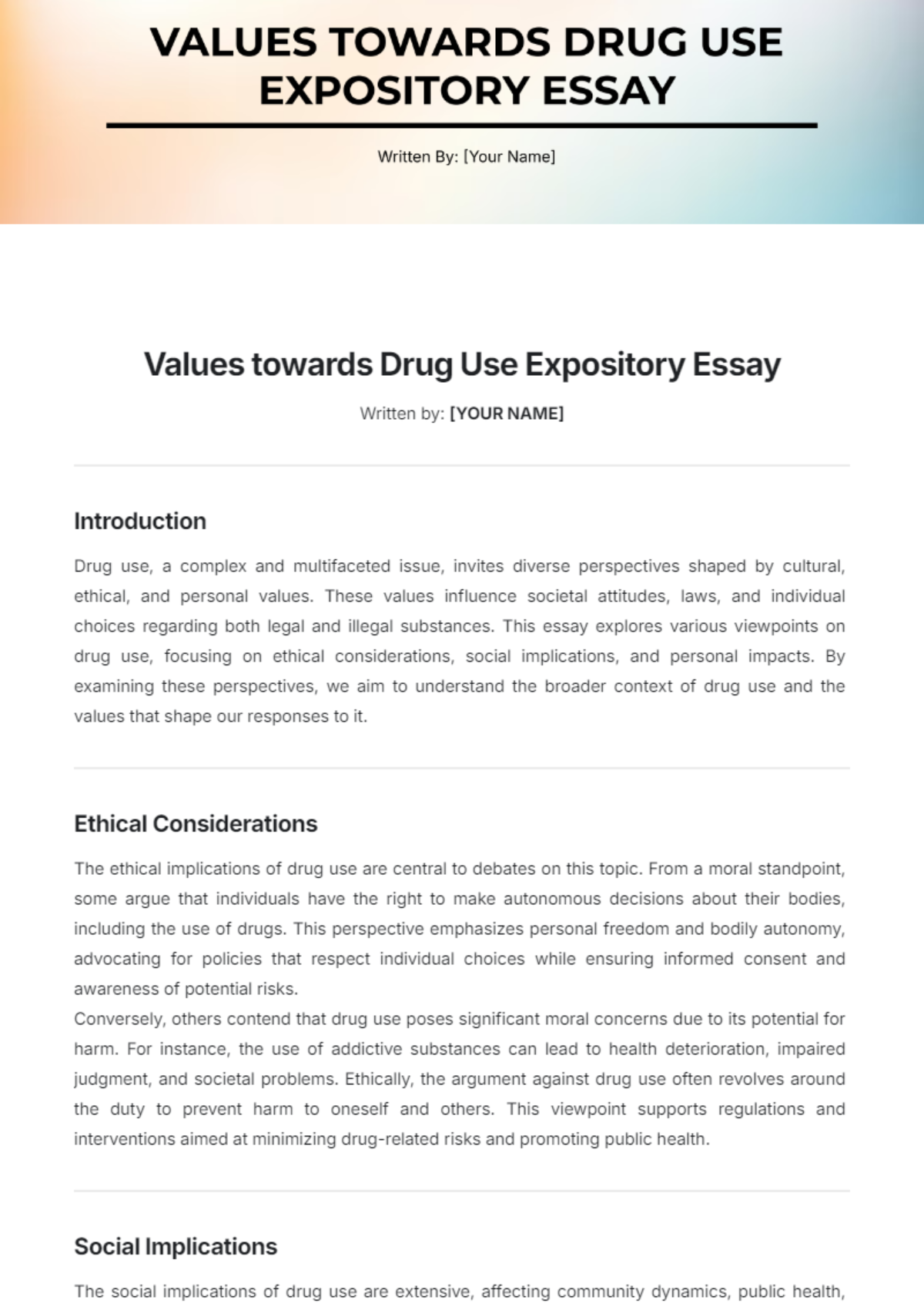 Values towards Drug Use Expository Essay Template - Edit Online & Download