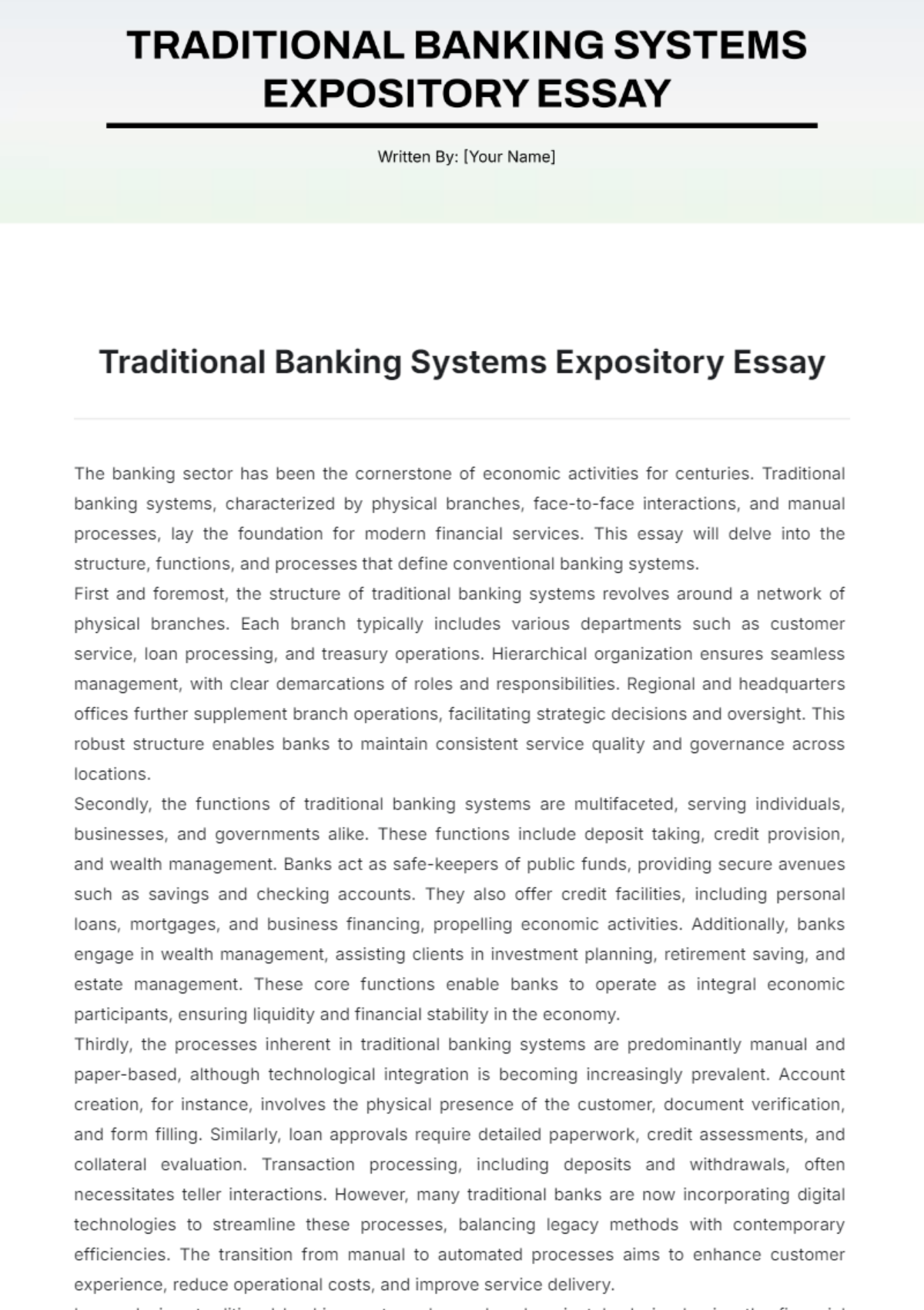 Traditional Banking Systems Expository Essay  Template - Edit Online & Download