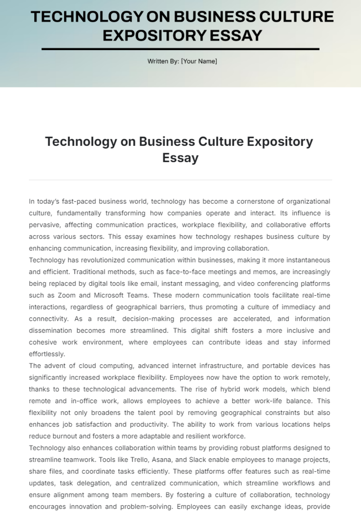 Technology on Business Culture Expository Essay  Template - Edit Online & Download