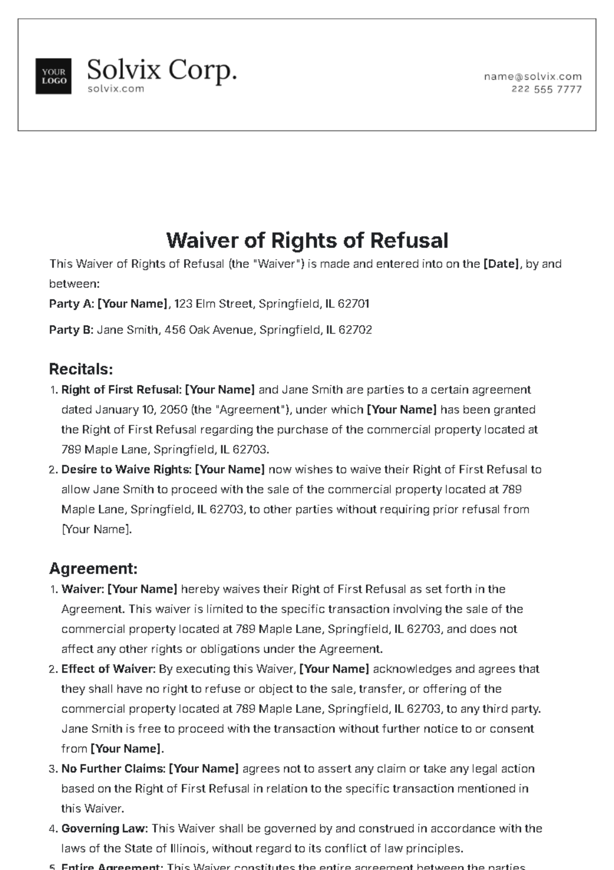 Waiver of Rights of Refusal Template - Edit Online & Download