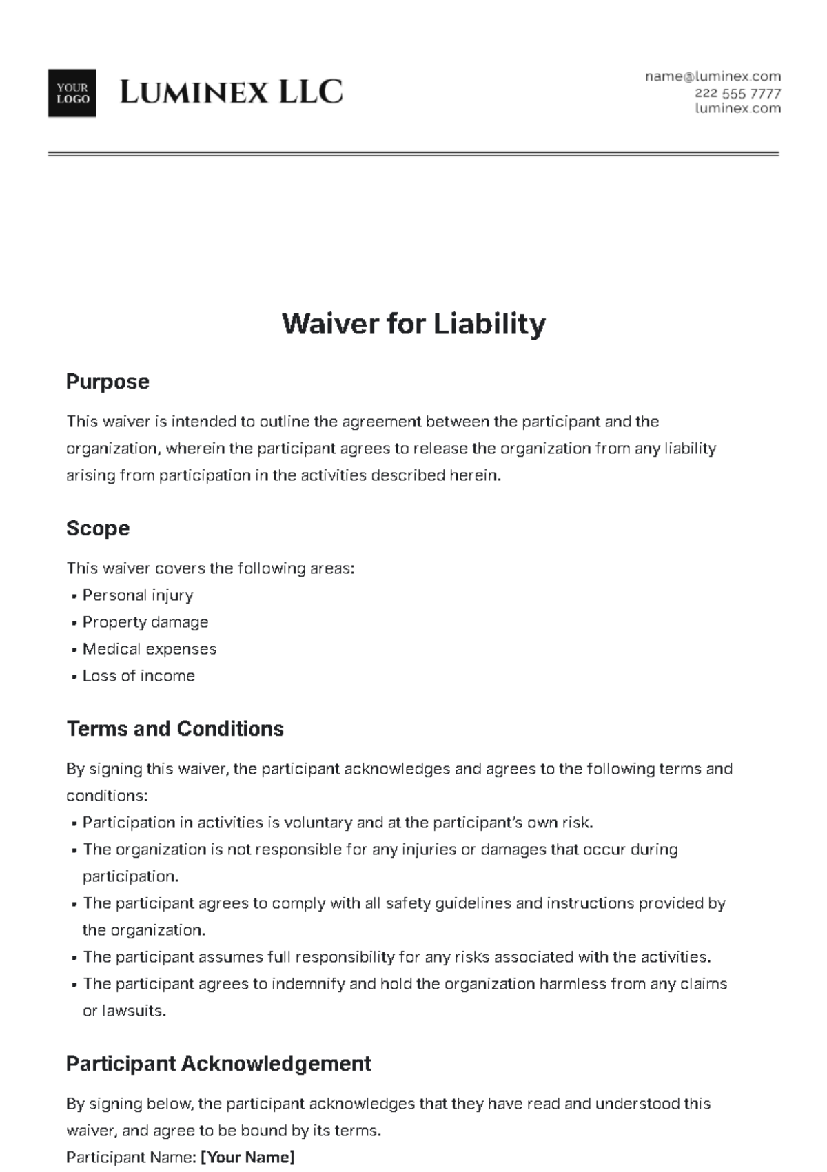 Sample Waiver Template for Liability - Edit Online & Download