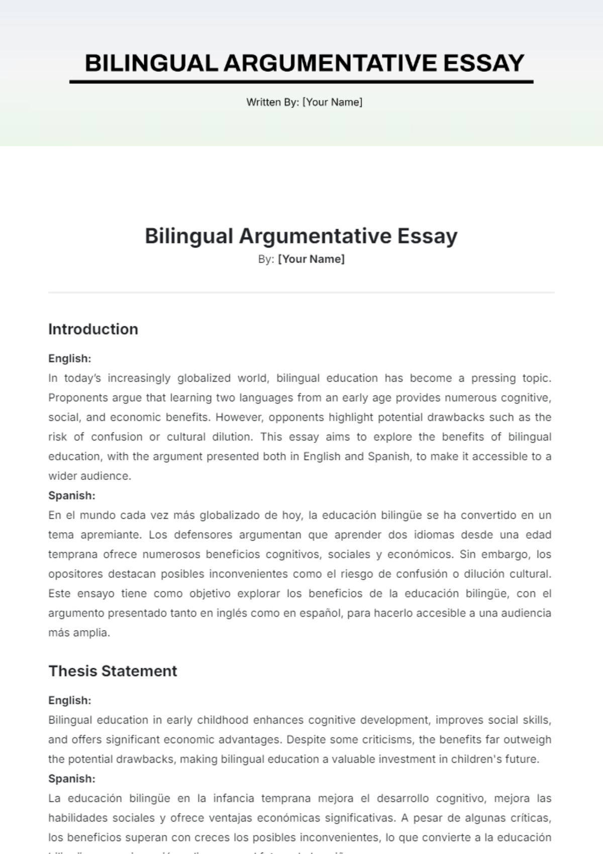 Bilingual Argumentative Essay Template - Edit Online & Download