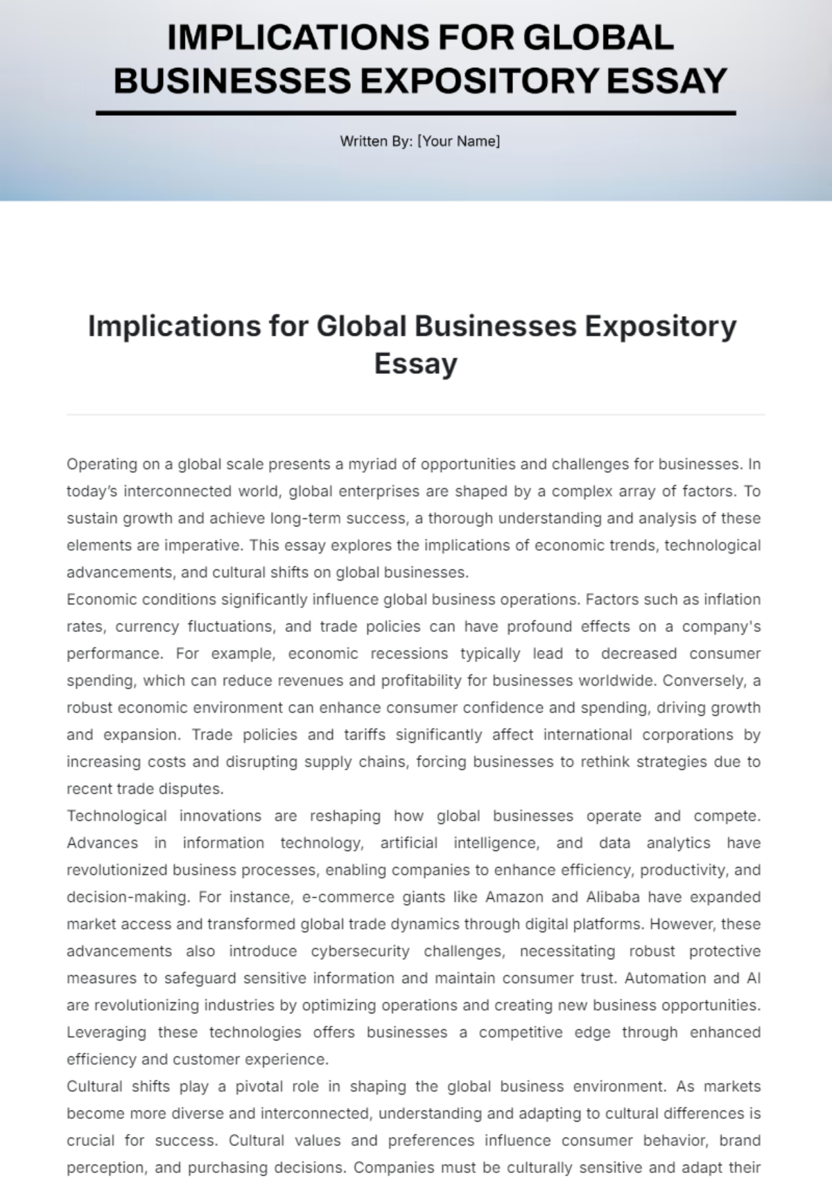 Implications for Global Businesses Expository Essay  Template - Edit Online & Download