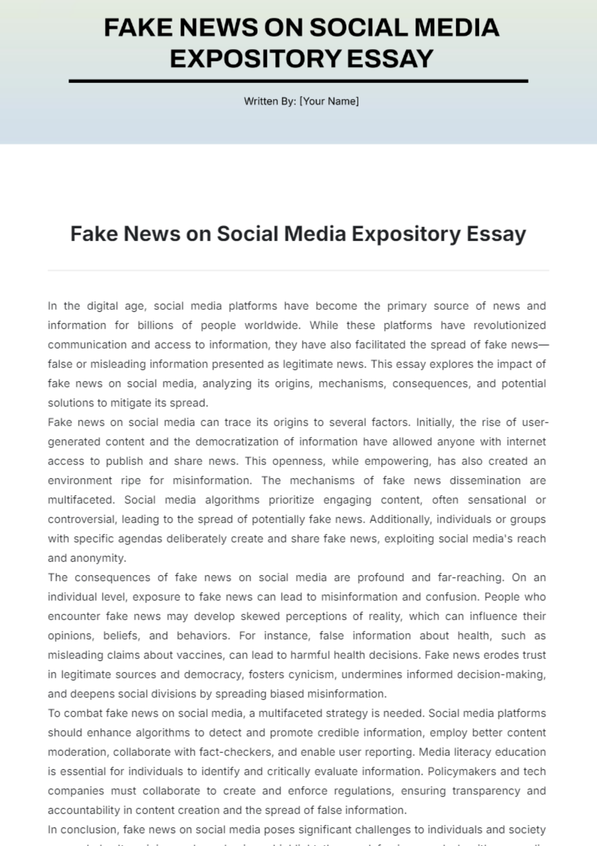 Fake News on Social Media Expository Essay Template - Edit Online & Download