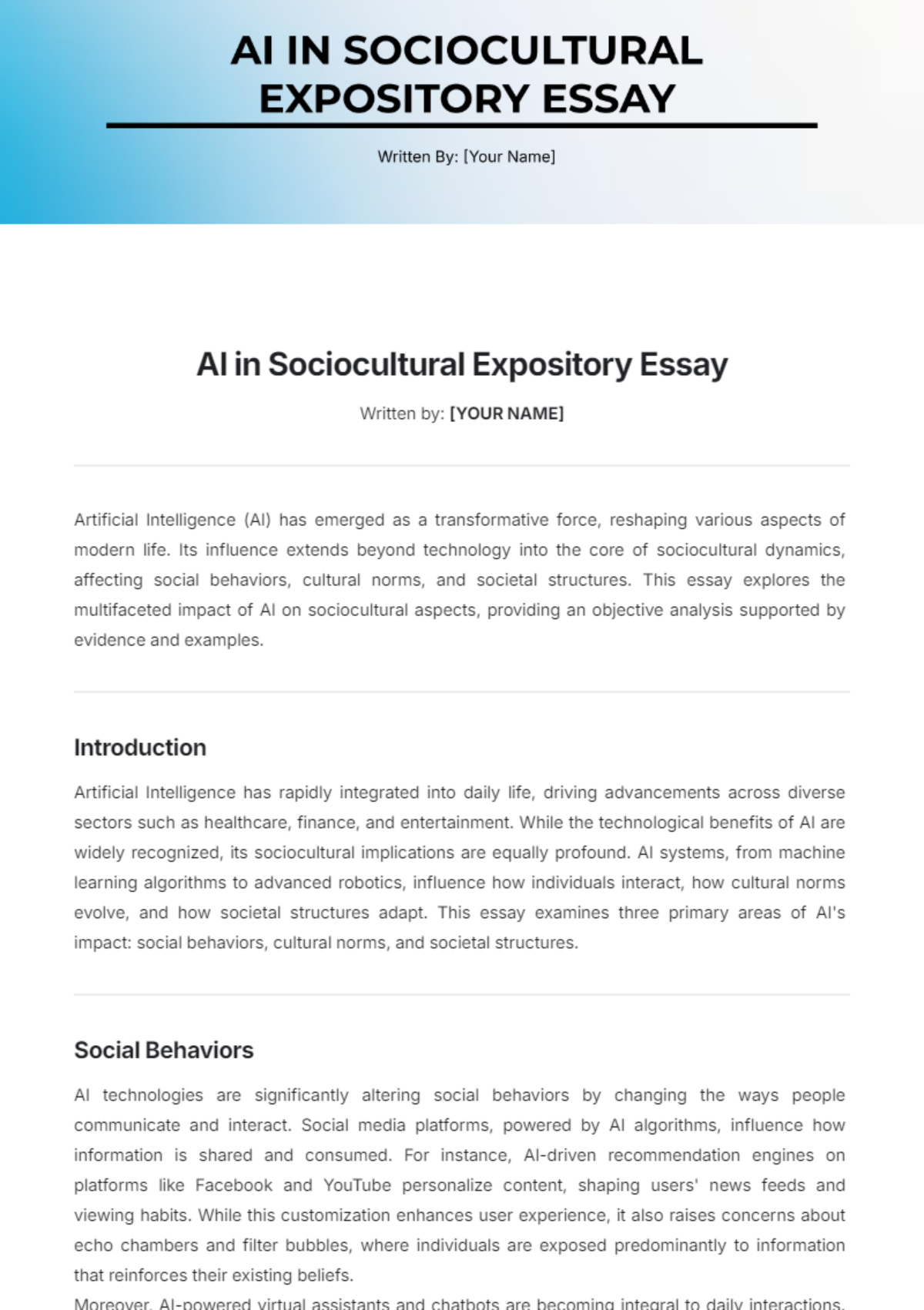 AI in Sociocultural Expository Essay Template - Edit Online & Download