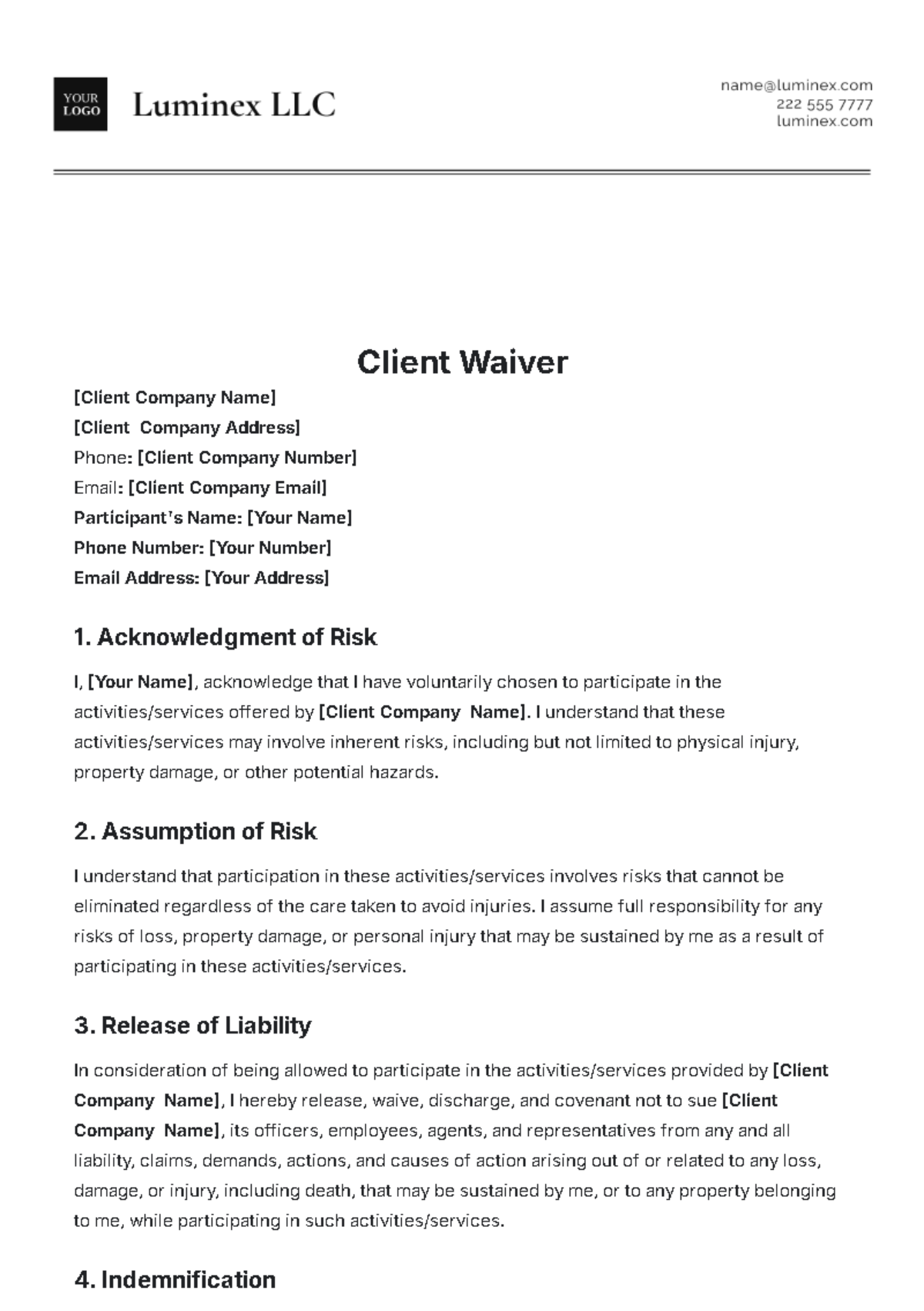 Professional Client Waiver Template - Edit Online & Download