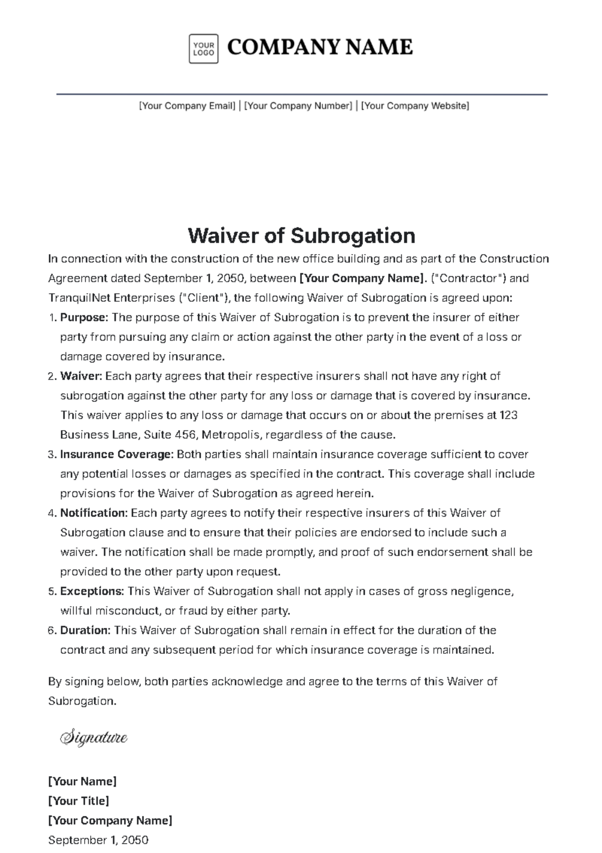 Waiver of Subrogation Template - Edit Online & Download