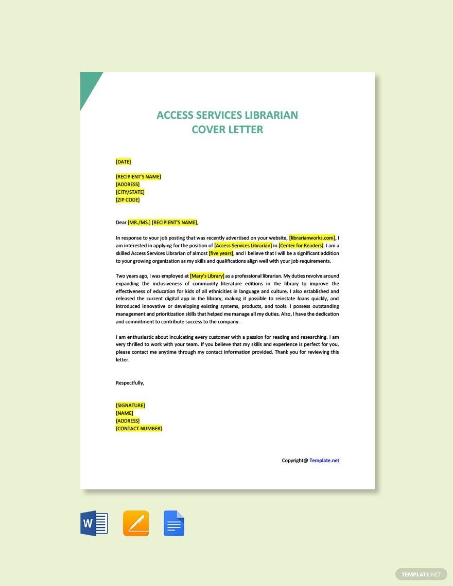 Access Services Librarian Cover Letter Template