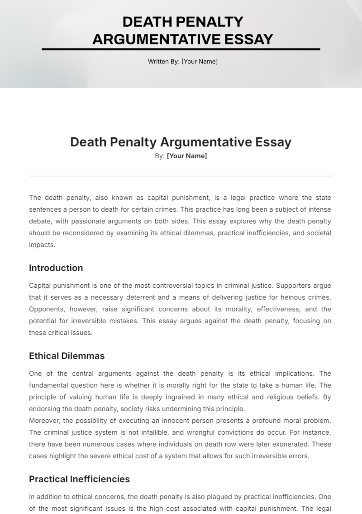 Death Penalty Argumentative Essay Template - Edit Online & Download