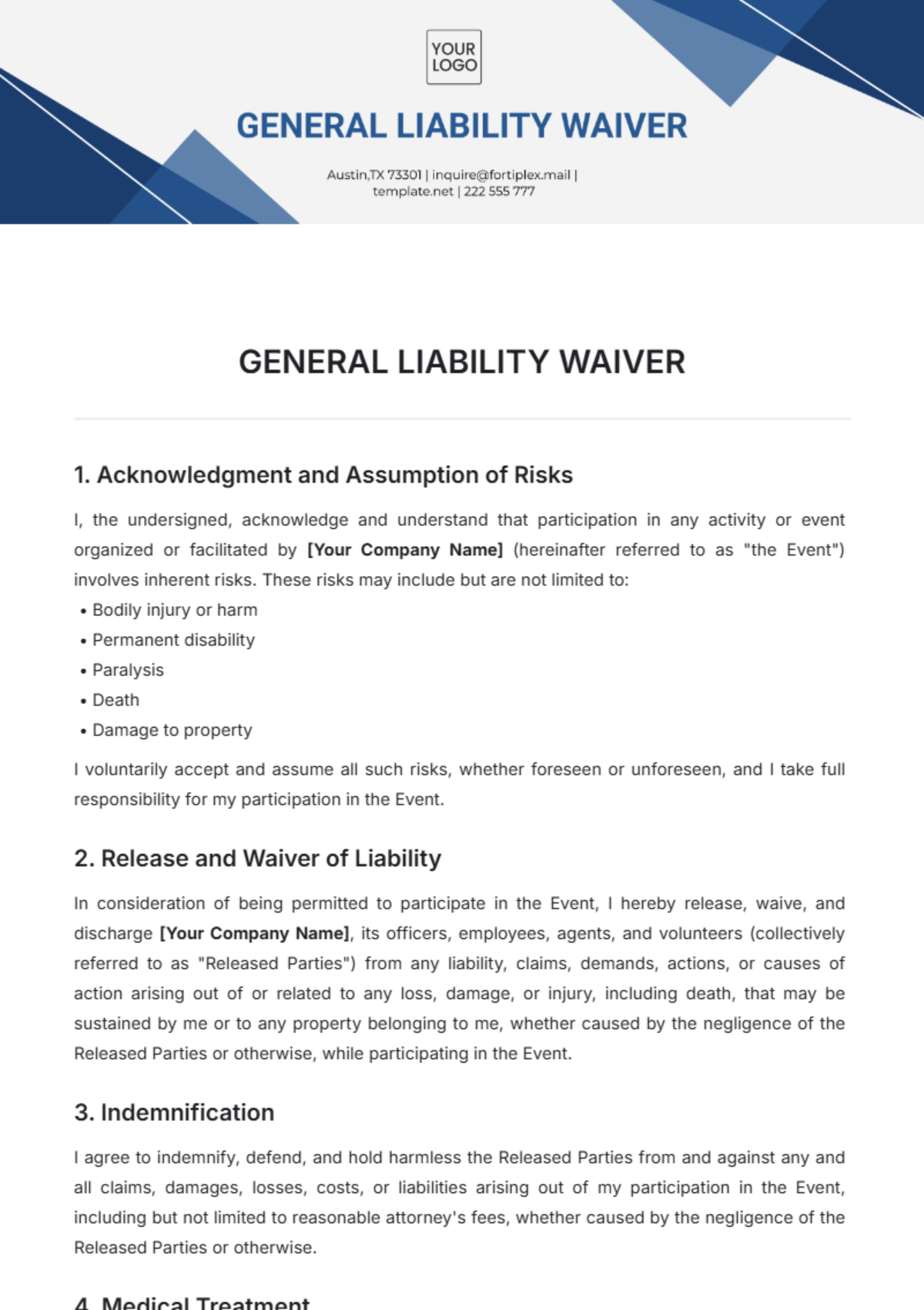 General Liability Waiver Template - Edit Online & Download