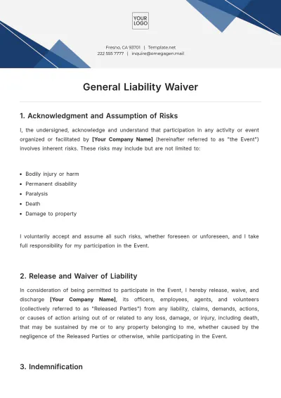 Free General Liability Waiver Template to Edit Online