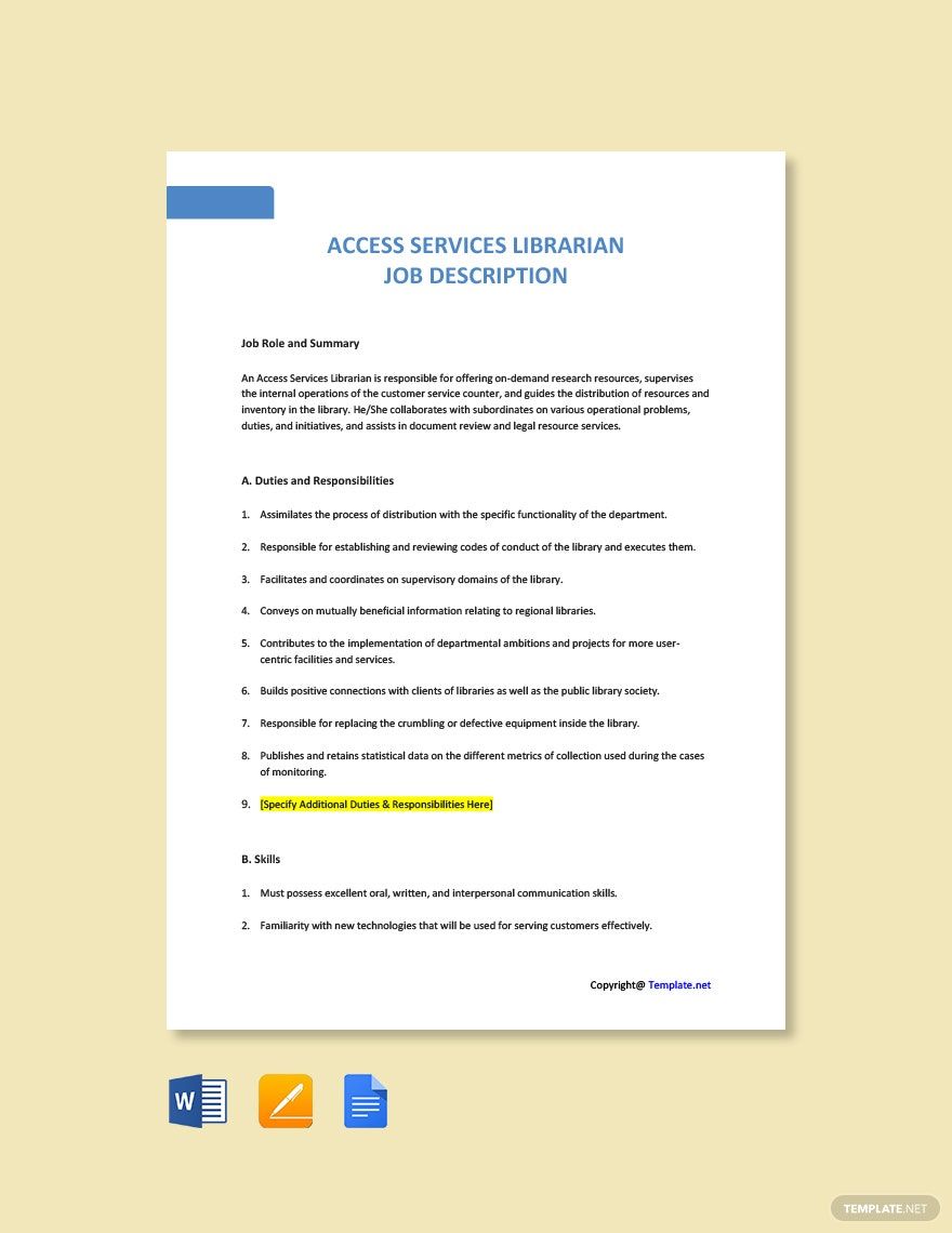 Free Access Services Librarian Job Ad and Description Template