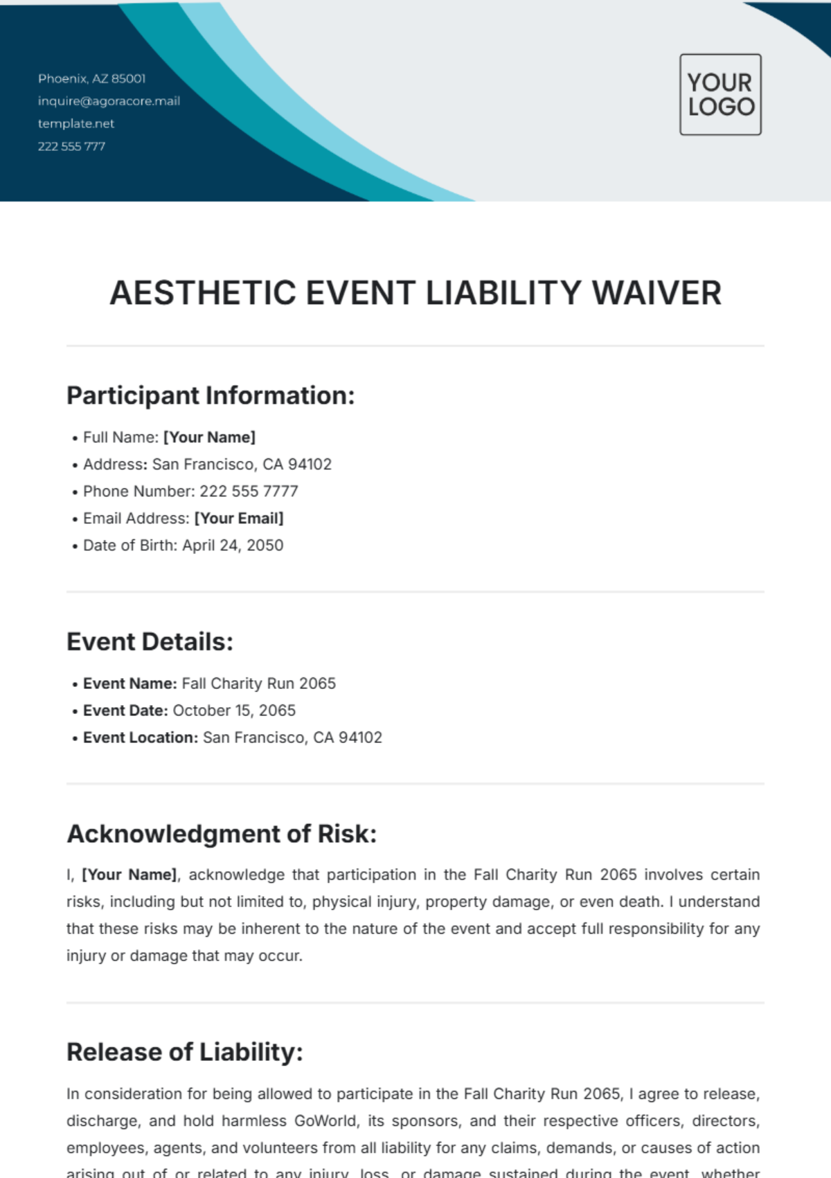 Aesthetic Event Liability Waiver Template - Edit Online & Download