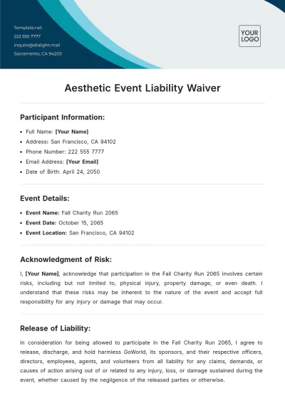 Free Aesthetic Event Liability Waiver Template to Edit Online