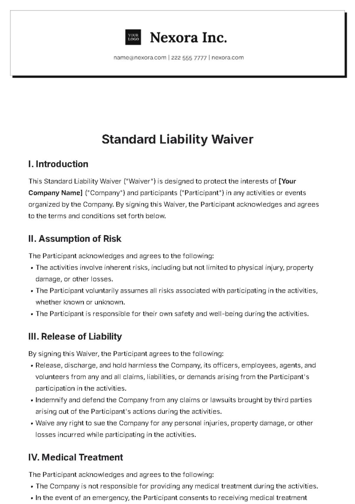 Standard Liability Waiver Template - Edit Online & Download