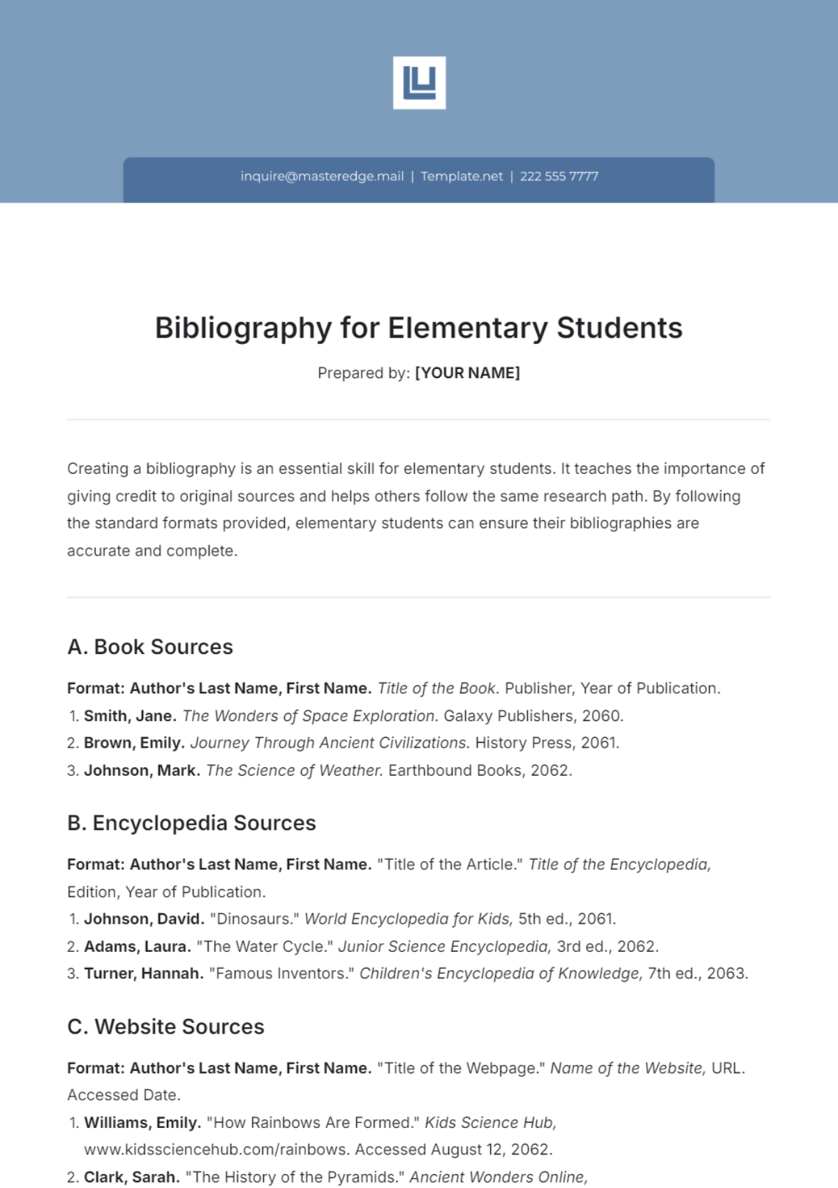 Bibliography Template for Elementary Students - Edit Online & Download