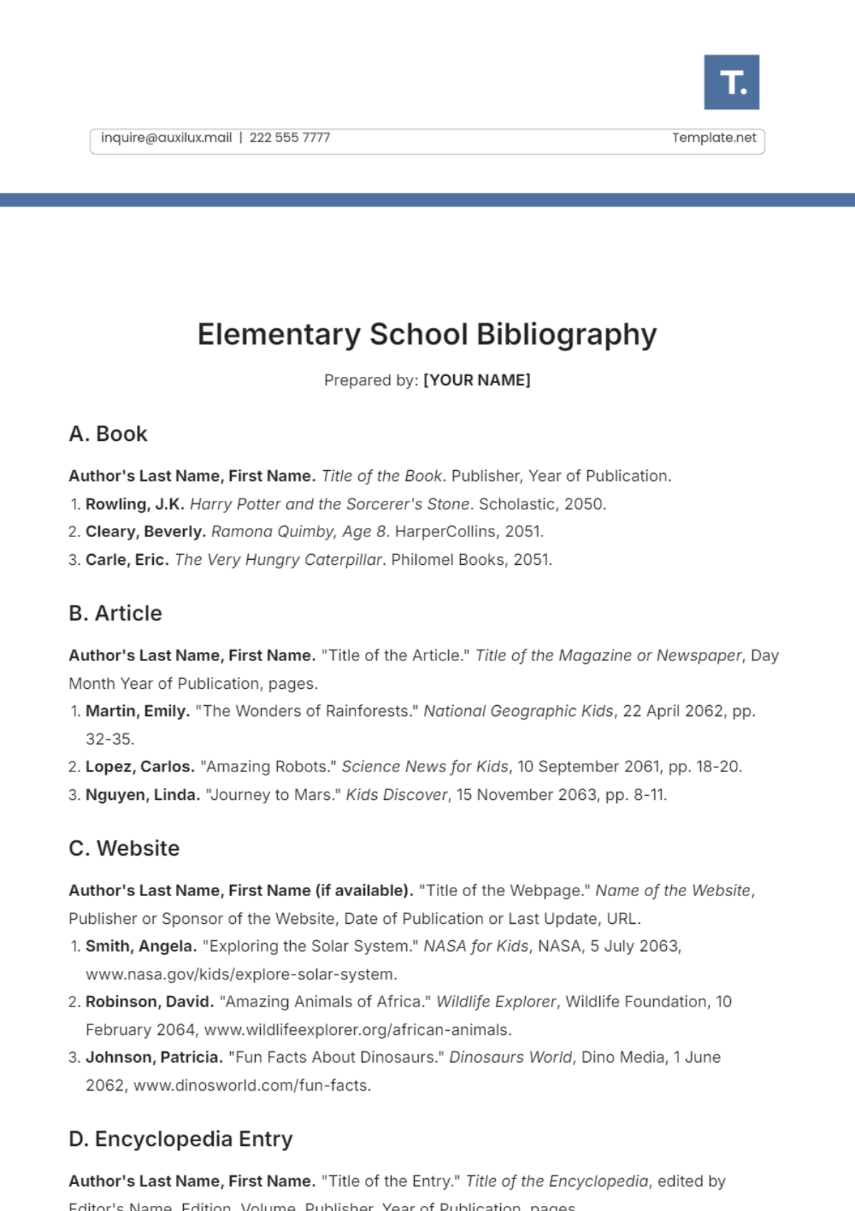 Elementary School Bibliography Template - Edit Online & Download