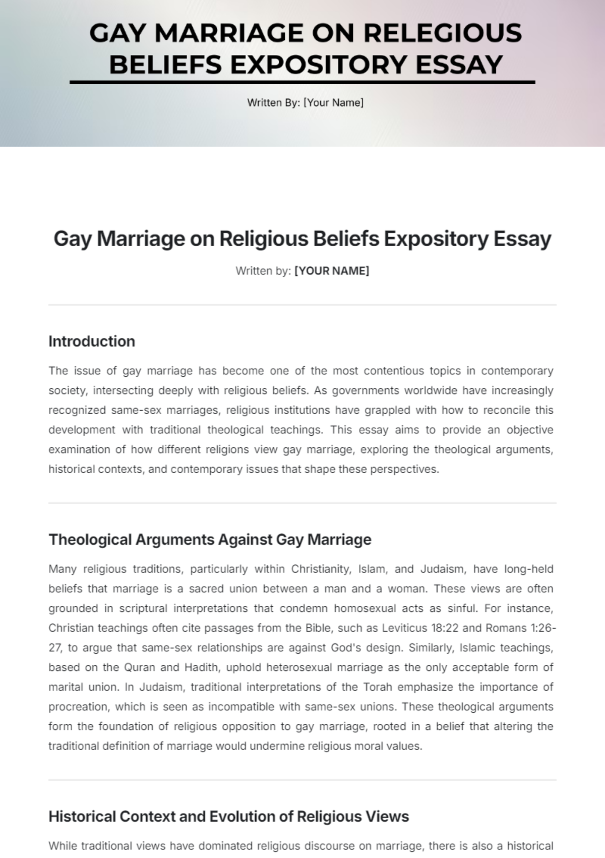 Gay Marriage on Religious Beliefs Expository Essay Template - Edit Online & Download