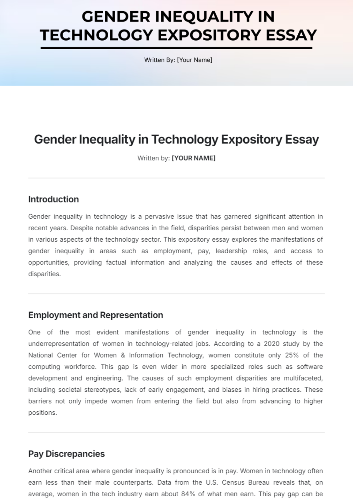 Gender Inequality in Technology Expository Essay Template - Edit Online & Download