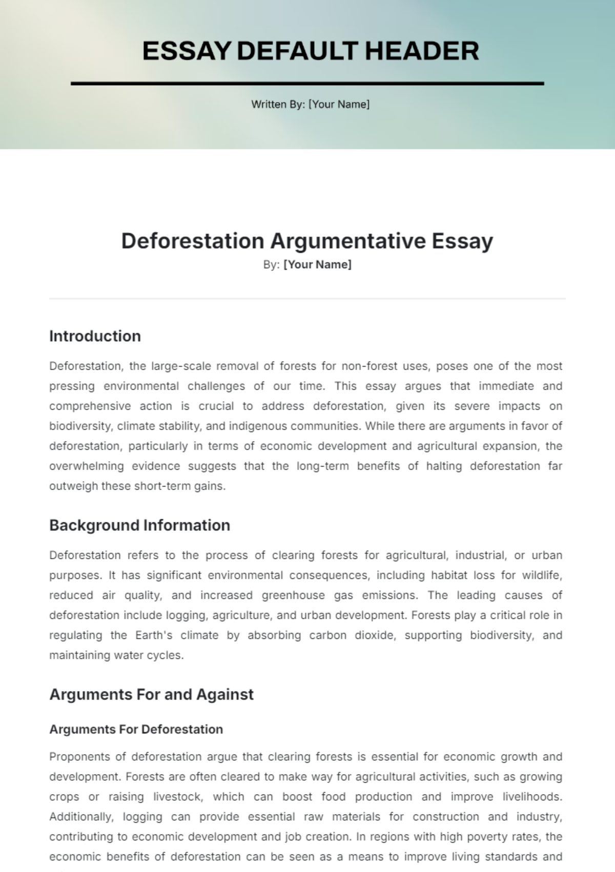 Deforestation Argumentative Essay Template - Edit Online & Download