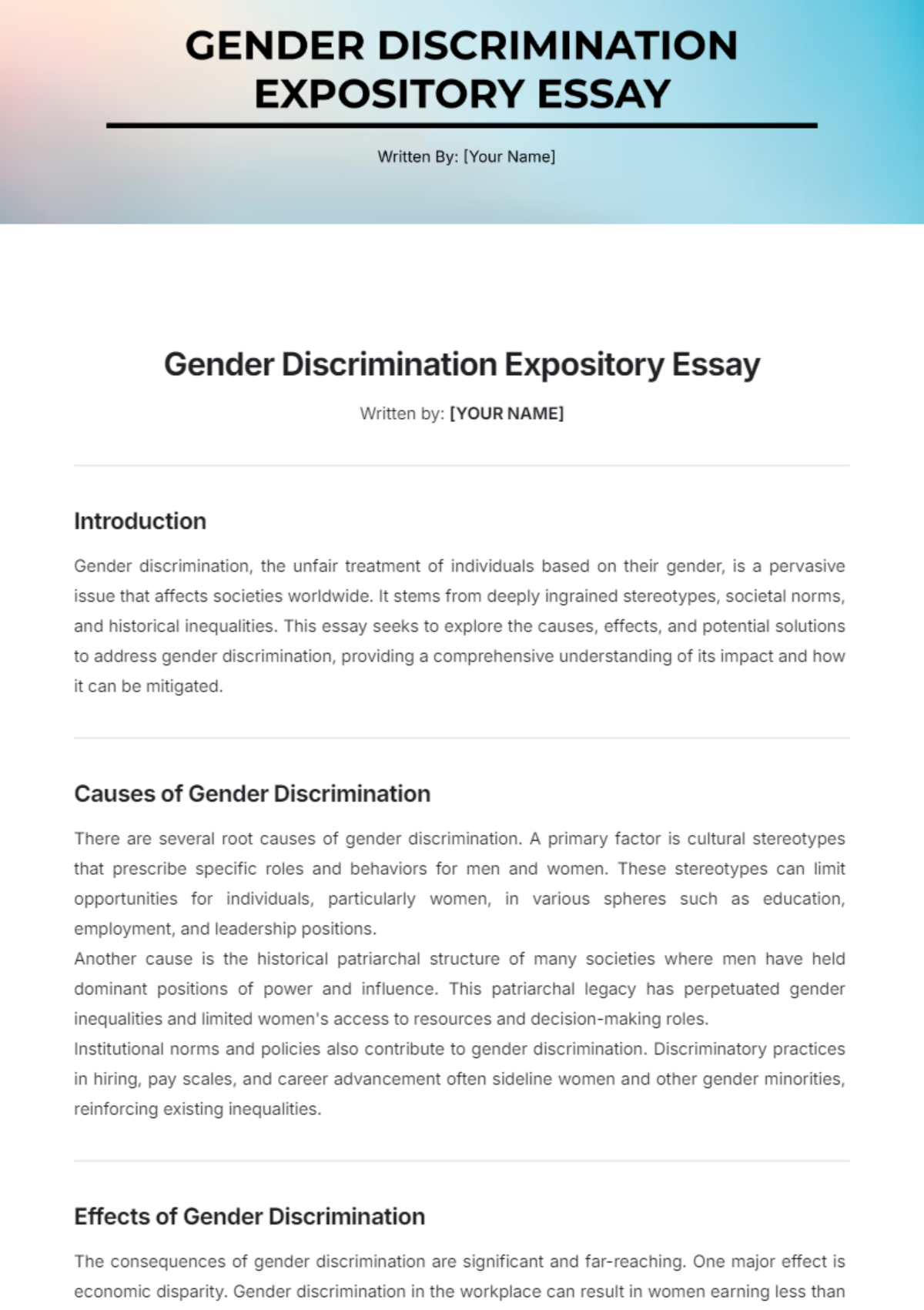 Gender Discrimination Expository Essay Template - Edit Online & Download