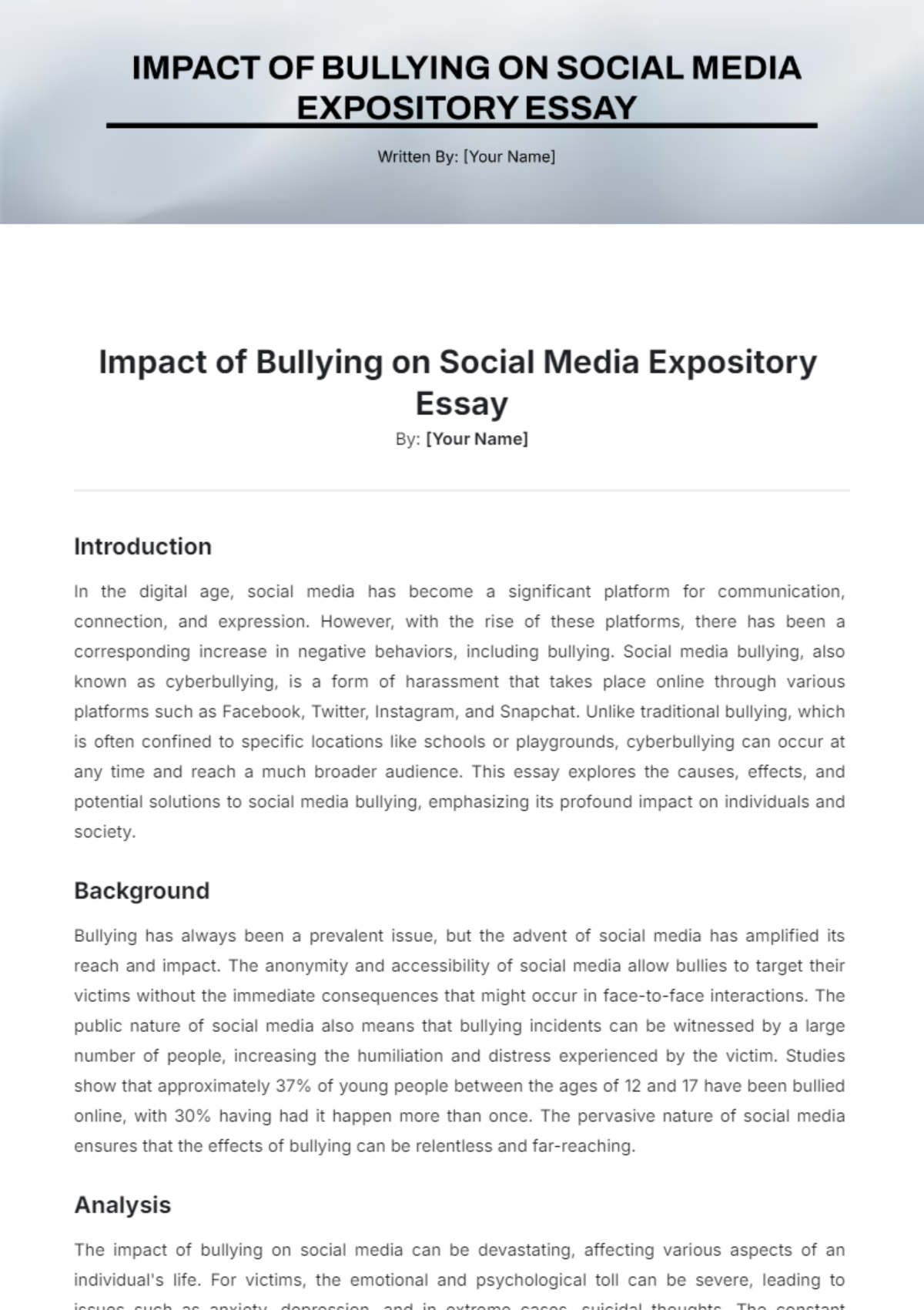 Impact of Bullying on  Social Media Expository Essay  Template - Edit Online & Download