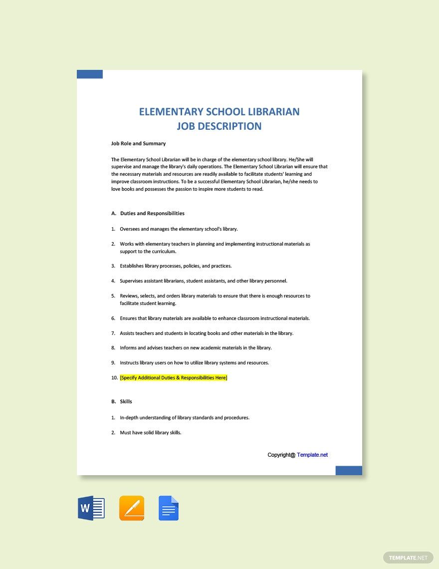 Elementary School Librarian Job Ad and Description Template