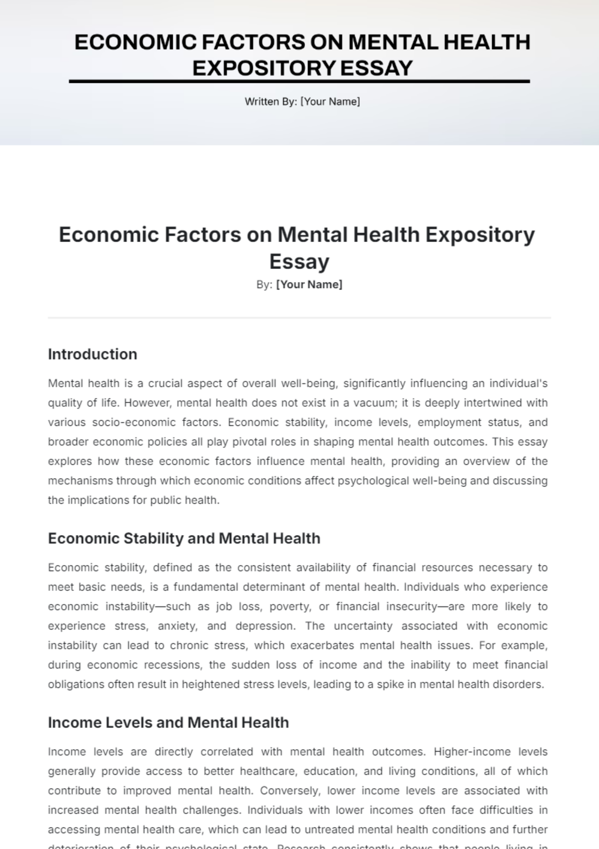 Economic Factors on Mental Health Expository Essay  Template - Edit Online & Download