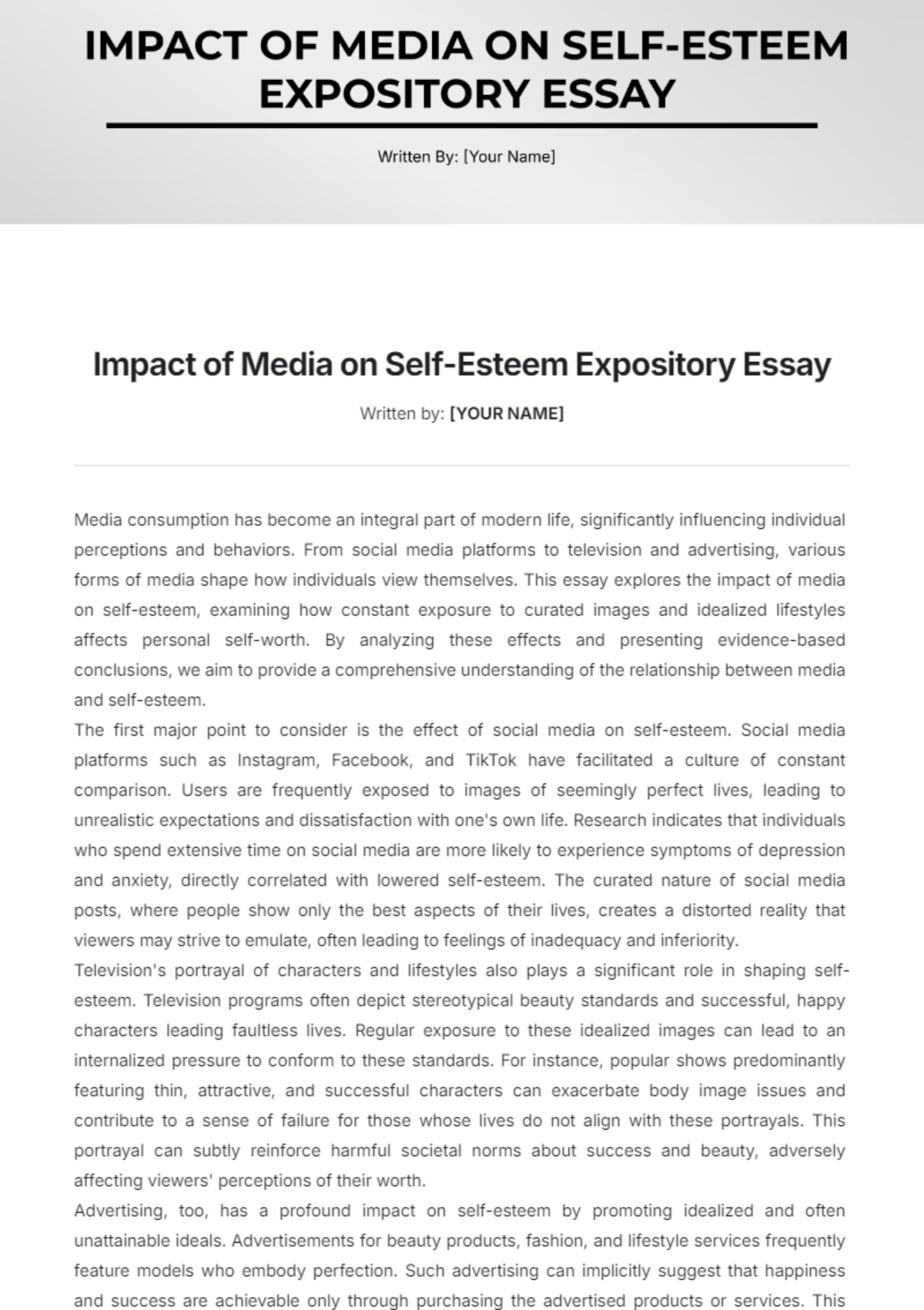 Impact of Media on Self-Esteem Expository Essay Template - Edit Online & Download