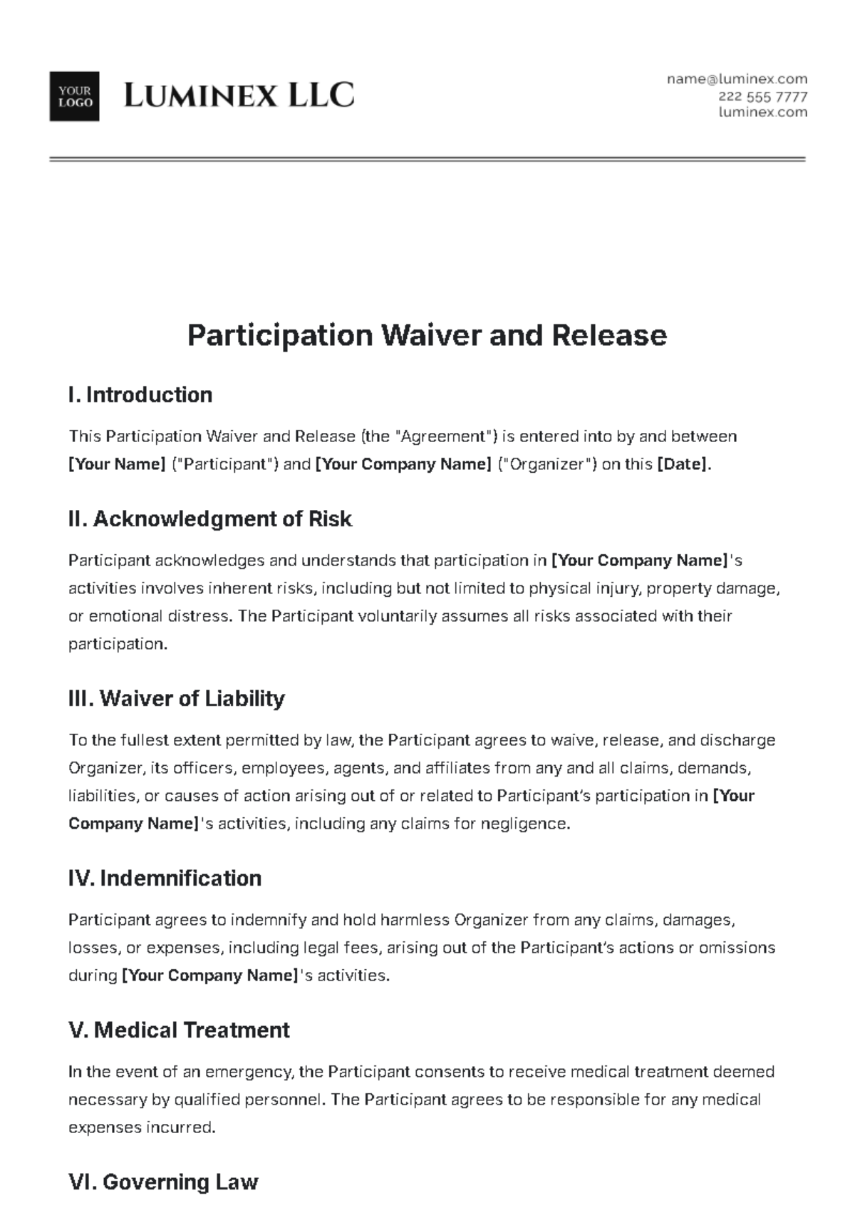 Participation Waiver and Release Template - Edit Online & Download