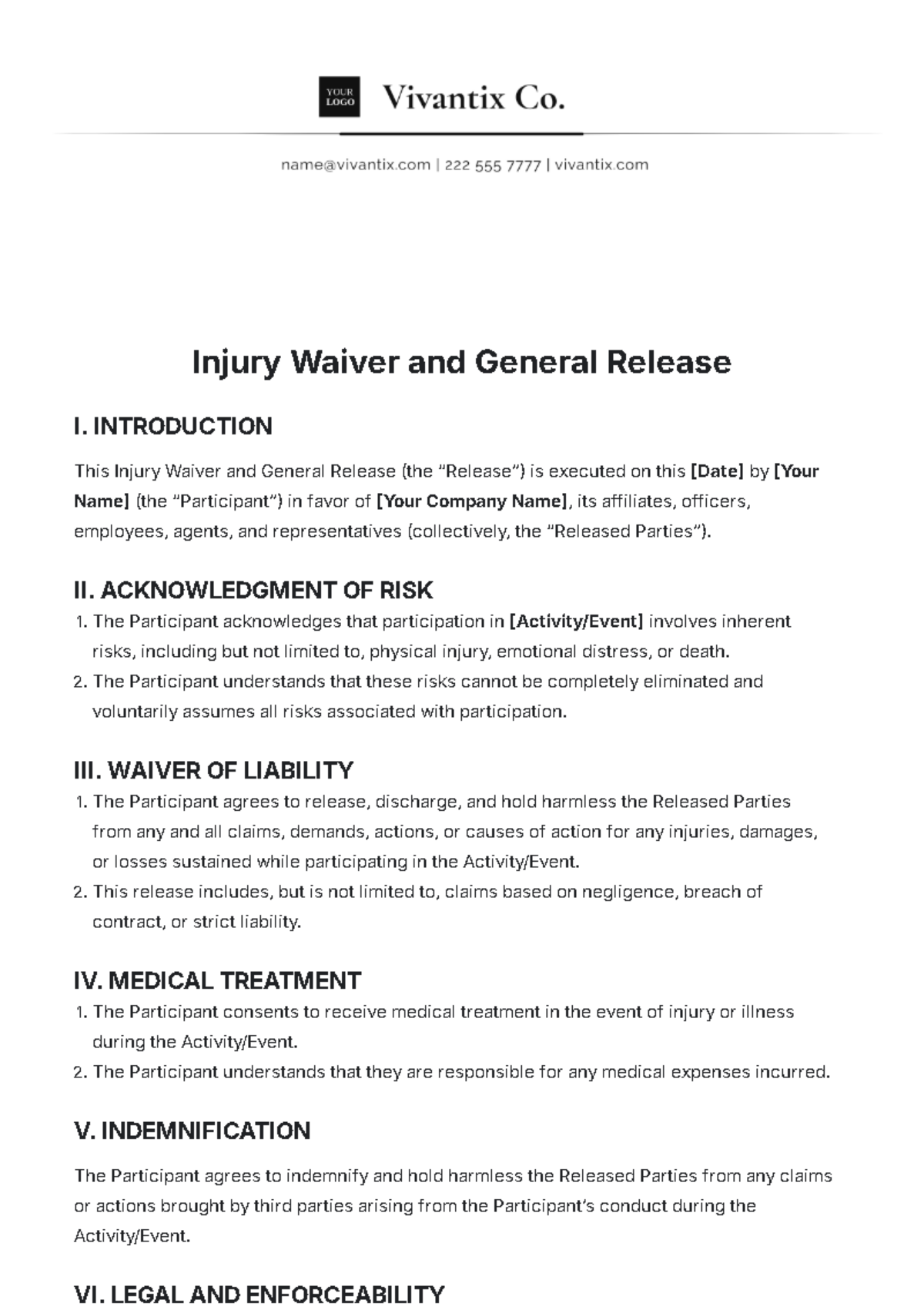 Injury Waiver and General Release Template - Edit Online & Download