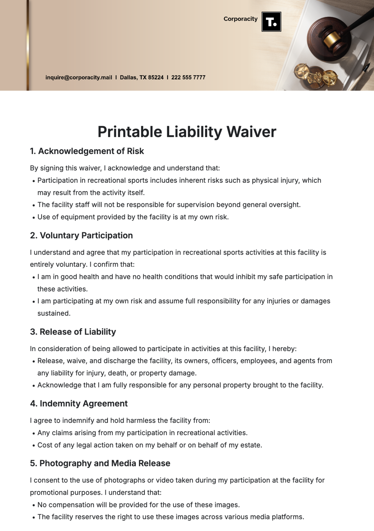 Printable Liability Waiver Template - Edit Online & Download