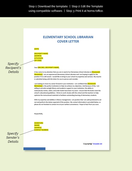 Elementary School Librarian Cover Letter Template