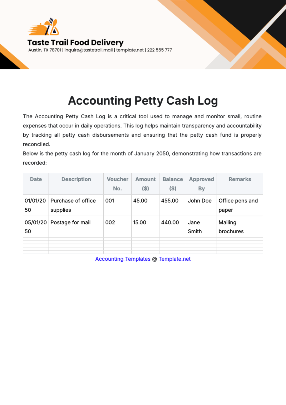 Accounting Petty Cash Log Template - Edit Online & Download