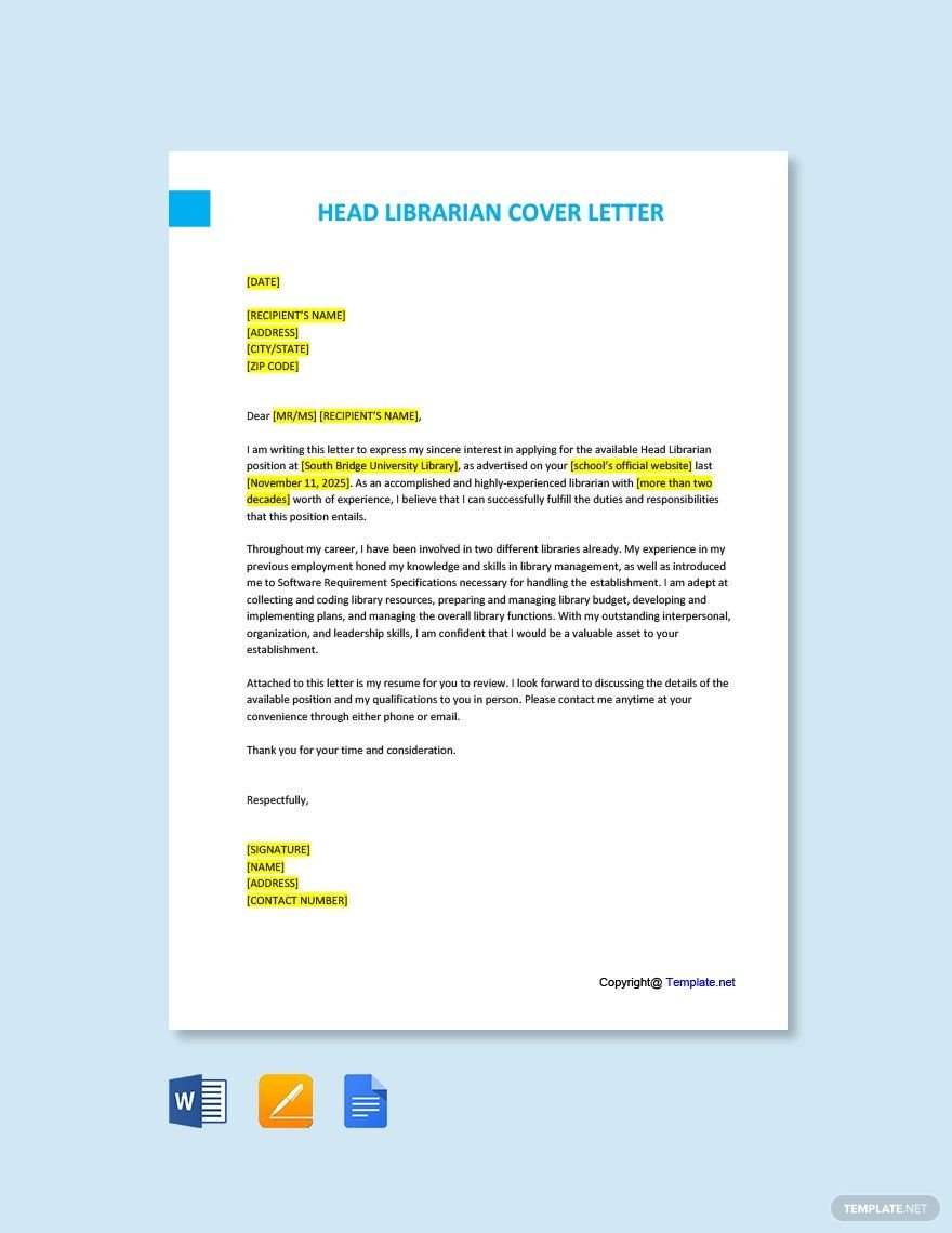 Head Librarian Cover Letter