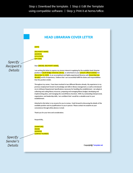 Head Librarian Cover Letter Template