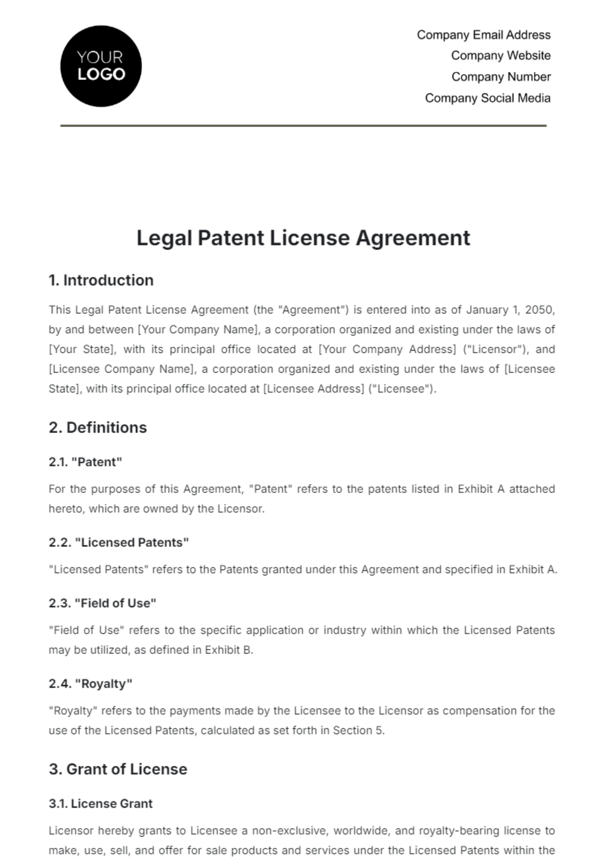 Legal Patent License Agreement Template