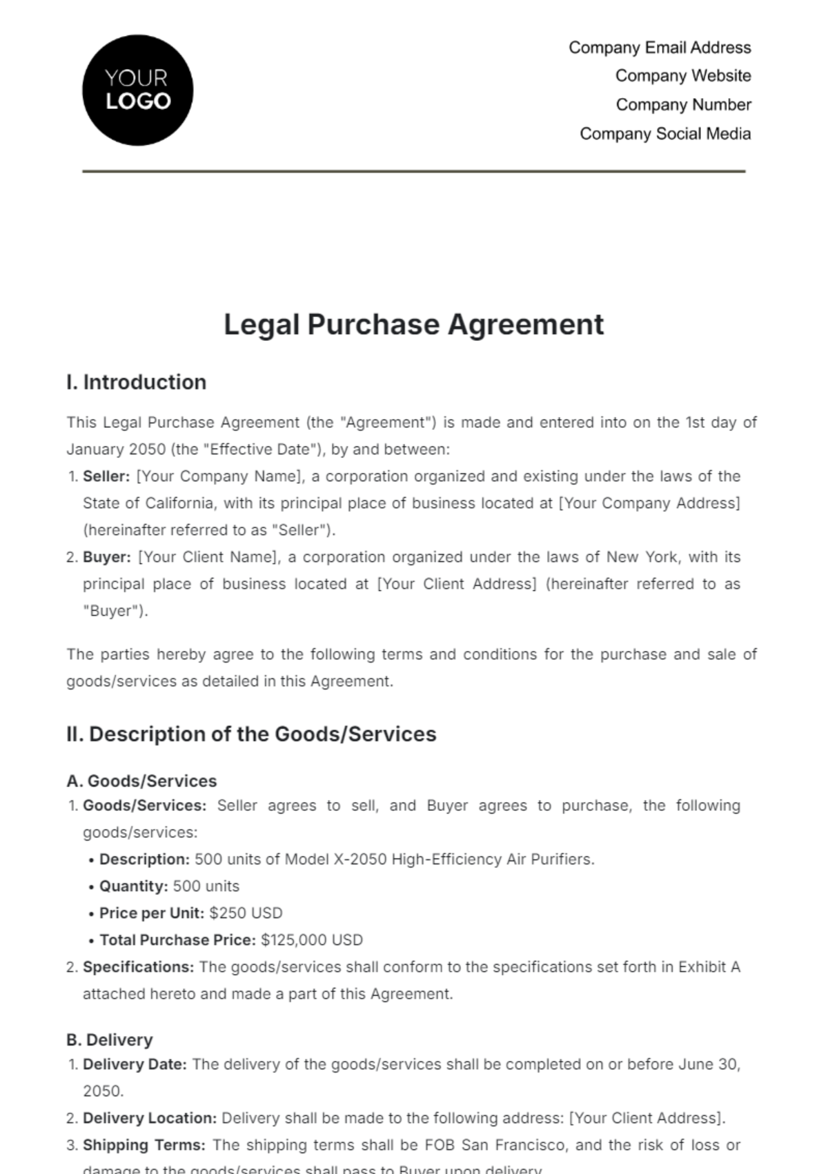 Legal Purchase Agreement Template