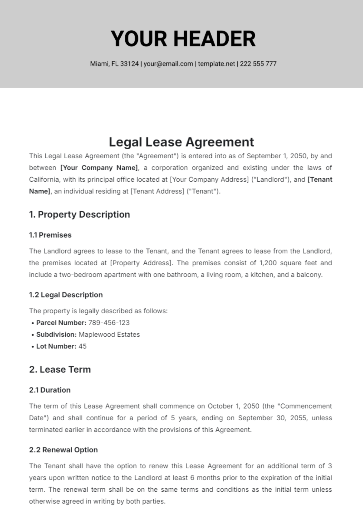 Legal Lease Agreement Template