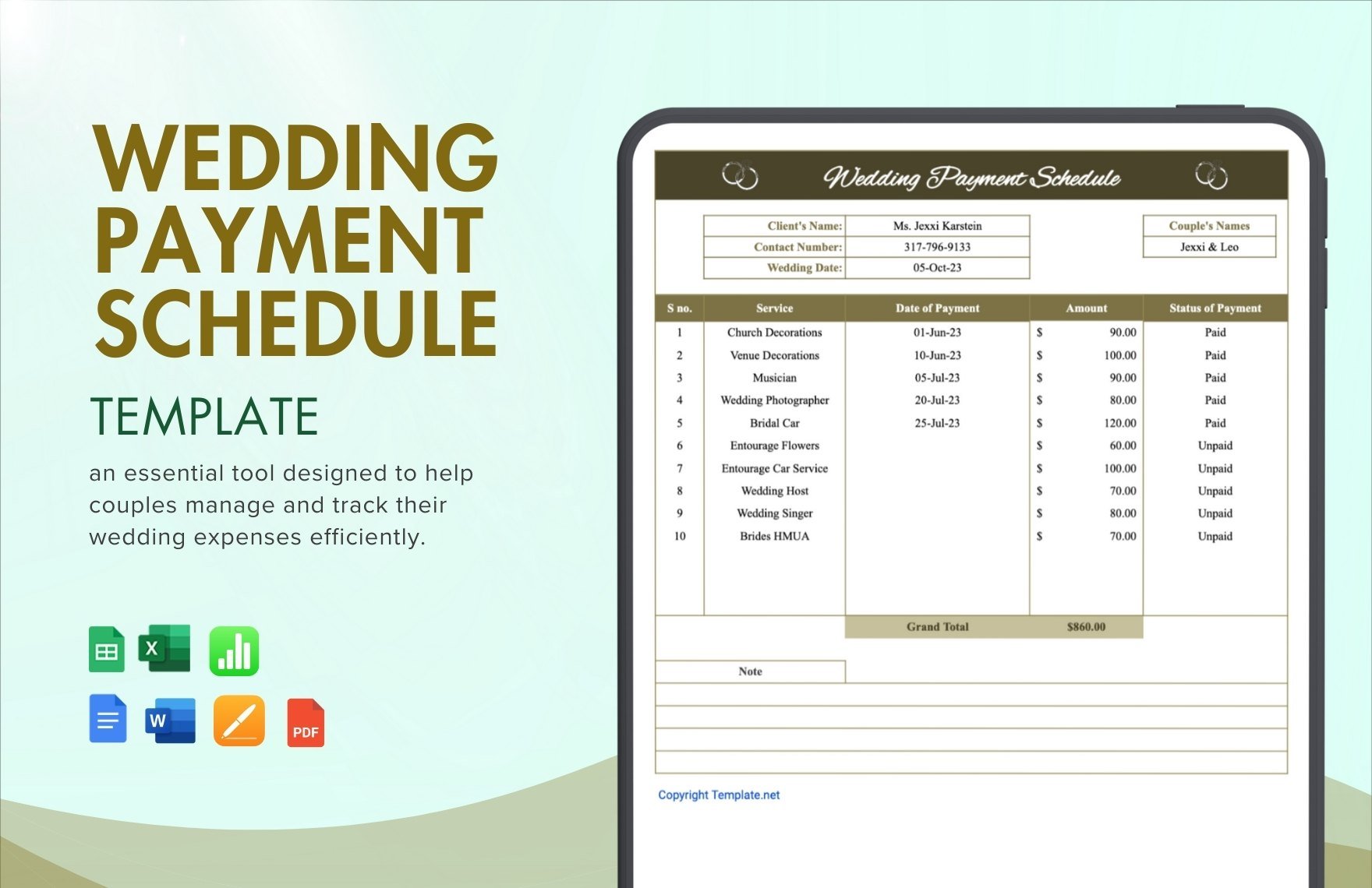 Wedding Payment Schedule Template in Word, Google Docs, Excel, PDF, Google Sheets, Apple Pages, Apple Numbers