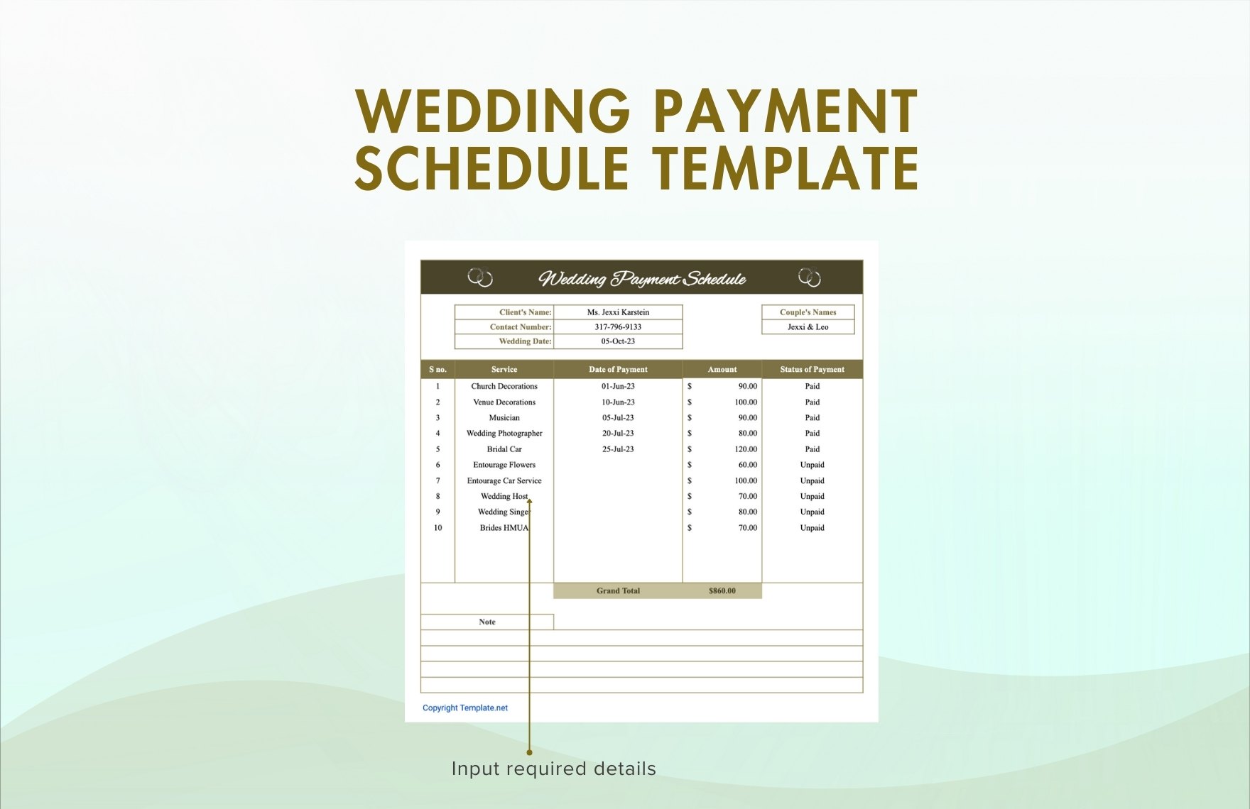 Wedding Payment Schedule Template