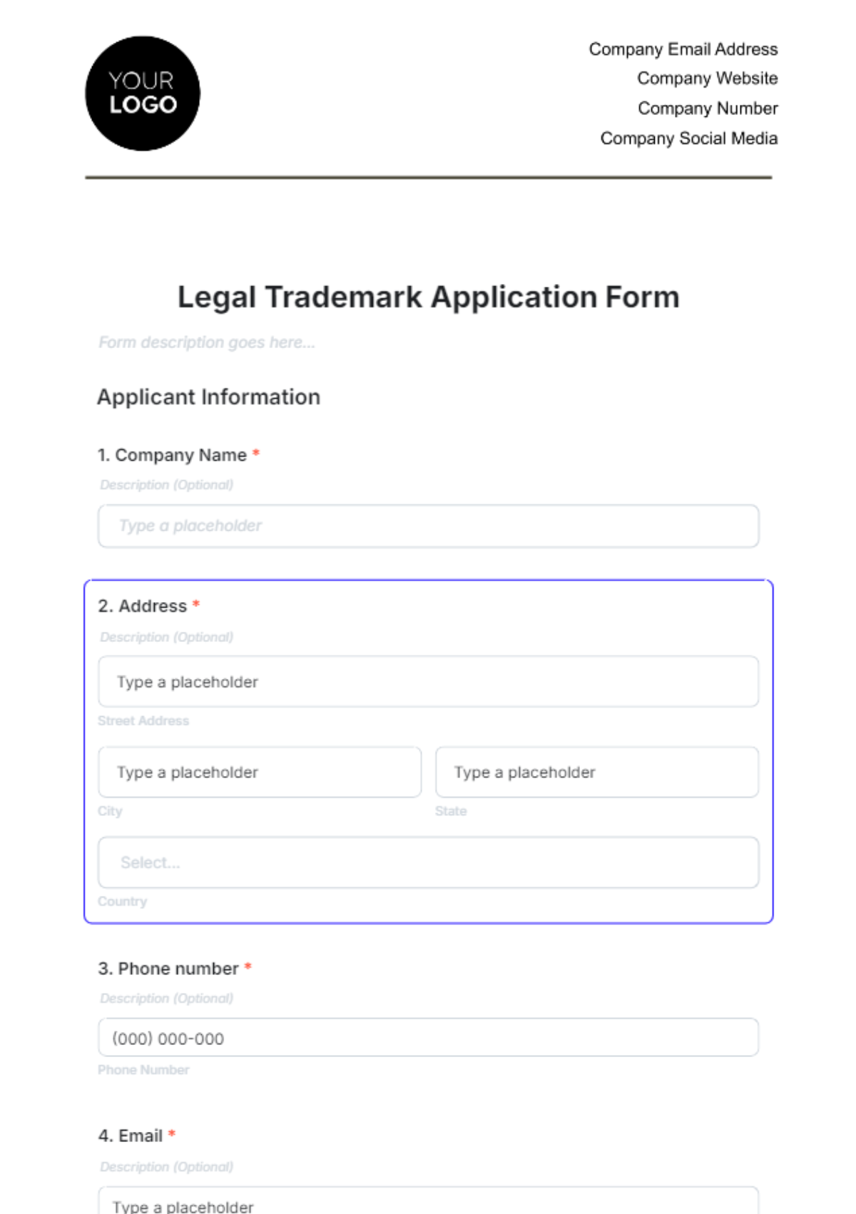 Free Legal Trademark Application Form Template