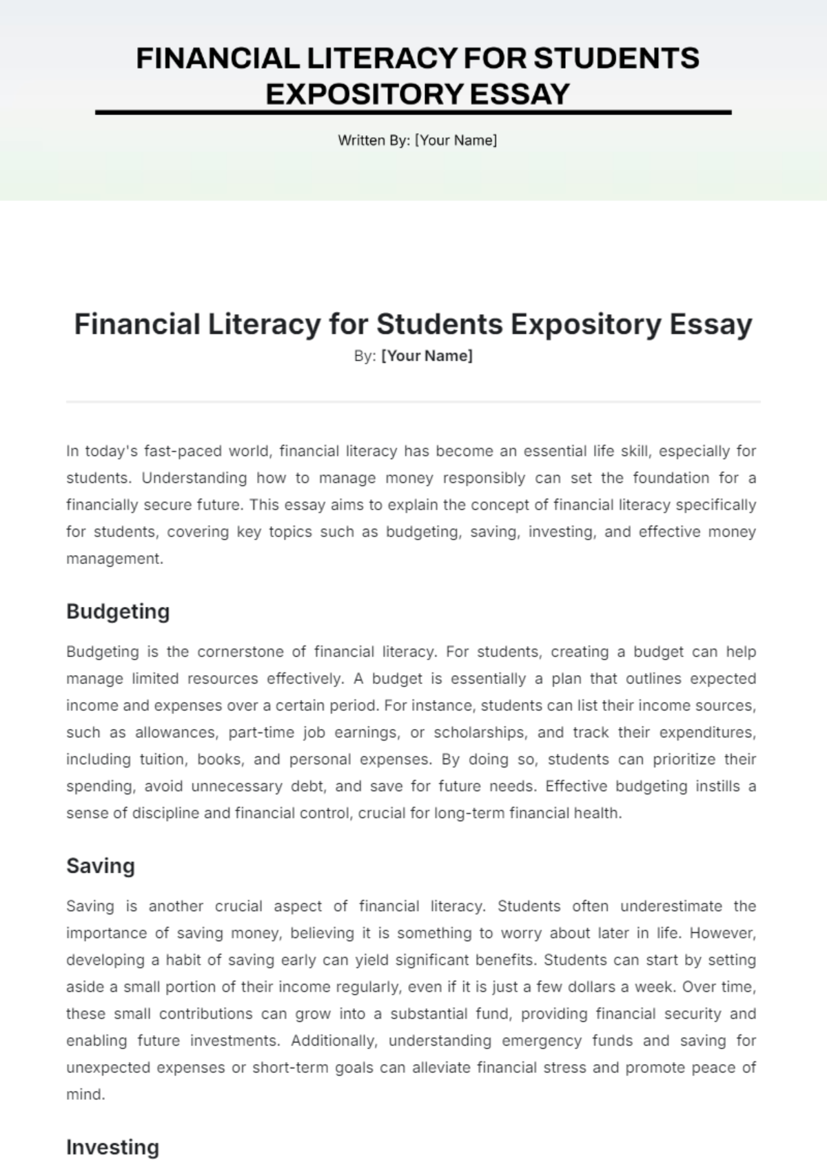 Financial Literacy for Students Expository Essay  Template - Edit Online & Download